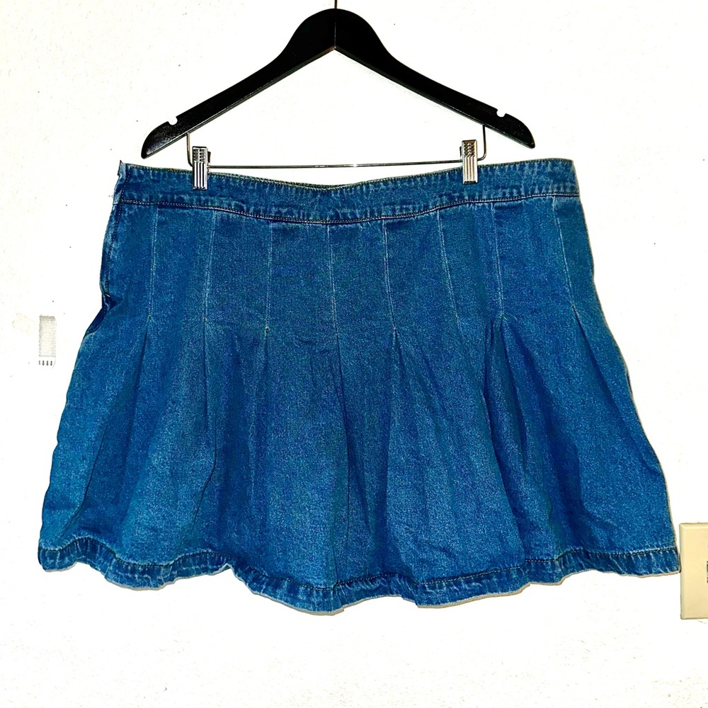 Blue Denim Pleated Denim Flared Skirt